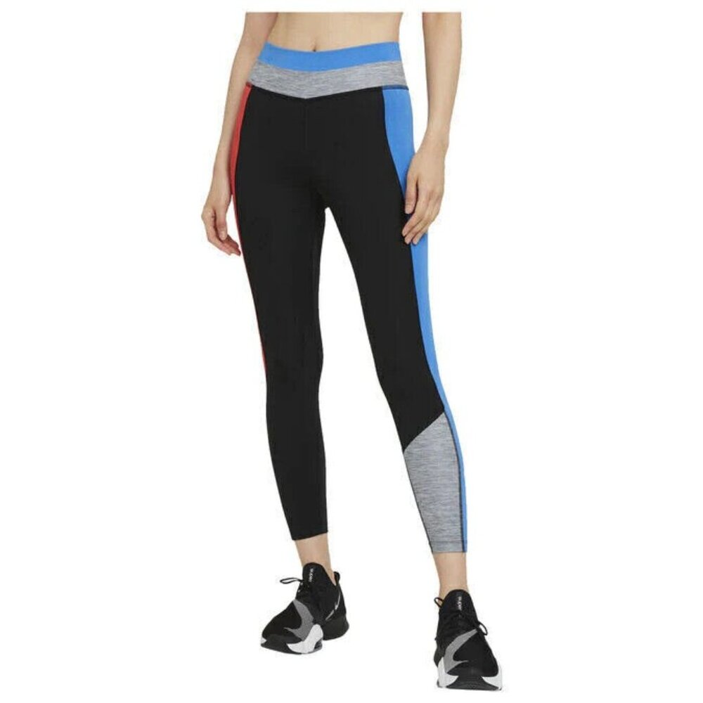 Nike Women's One Dri-Fit Sportswear Mid Rise Gym Blue Black 7/8 Leggings Pants